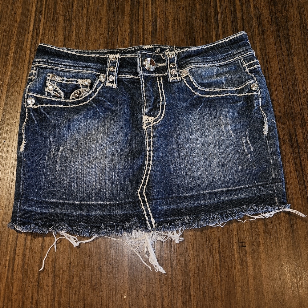 Grace in LA Denim Mini Skirt Rhinestone Embellished Size XS Stretchy